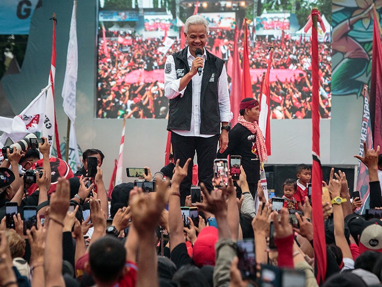 Presidential candidate and former Central Java governor Ganjar Pranowo addresses supporters during a campaign of the Indonesian Democratic Party of Struggle (PDI-P) at the Wates Square Park in Yogyakarta on January 28, 2024.