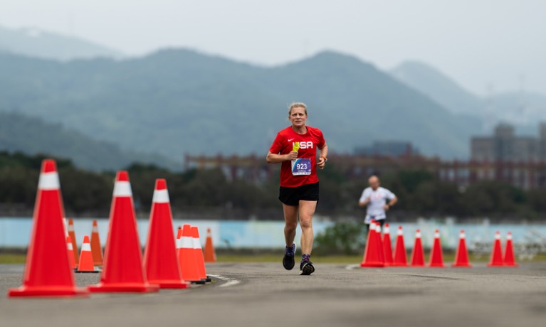 Jenny, wearing a red 'USA' T-shirt, runs during the Taipei 24 Hour World Championships