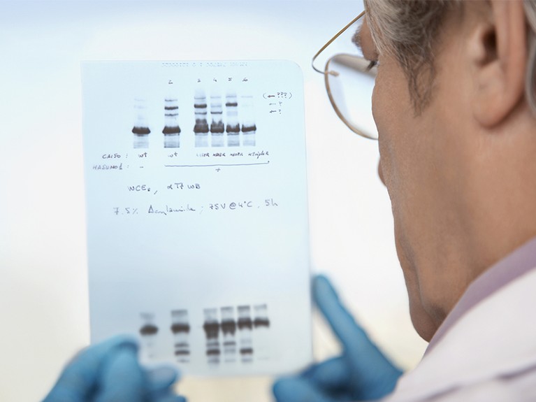 Closeup rear view of a cropped male scientist looking at DNA test results.