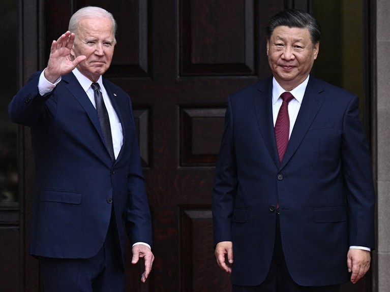 S President Joe Biden greets Chinese President Xi Jinping before a meeting during the Asia-Pacific Economic Cooperation (APEC) Leaders' week in Woodside, California on November 15, 2023.