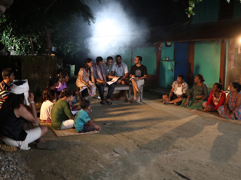 Kumar Paudel explaining about pangolin conservation to an indigenous community in Chitwan, Nepal.