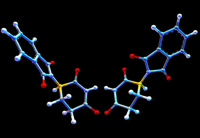 Two forms of thalidomide. Molecular models of the S- (left) and R- (right) forms of the drug thalidomide.