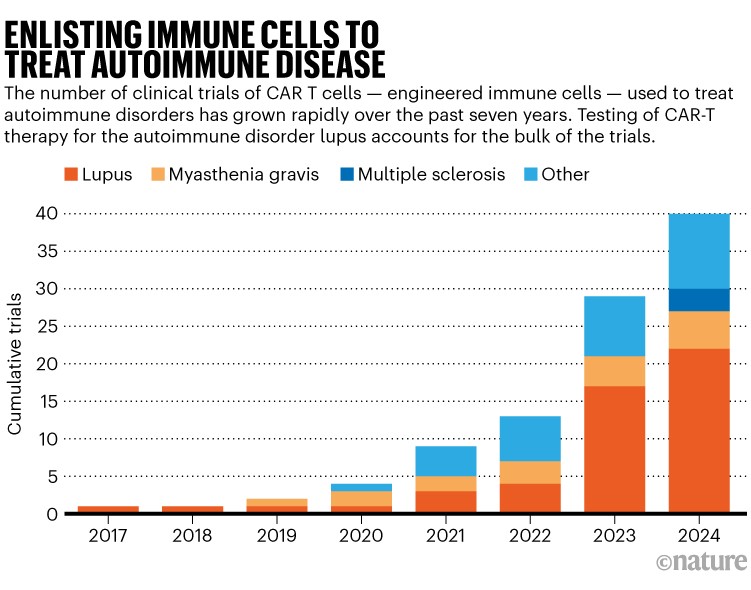 Reclutamiento de células inmunitarias para tratar enfermedades autoinmunes: gráfico que muestra los ensayos acumulados desde 2017 para una serie de trastornos.