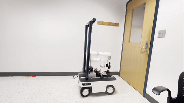 An animated gif showing a robotic arm on a trolley. The grabber at the end of the arm confidently pushes down the door handle and pulls the door open. The robot then rolls through the open door and disappears into the corridor beyond.