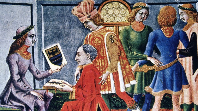 A Renaissance painting of Emperor Frederick III receiving the book Tabulae Astrologiae from the astronomer Giovanni Bianchini.