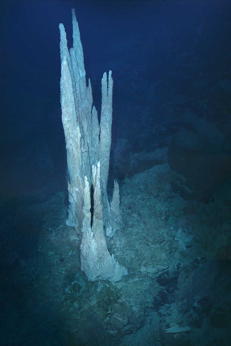 Uma chaminé de carbonato de 13 m de altura no Campo Hidrotérmico de Lost City