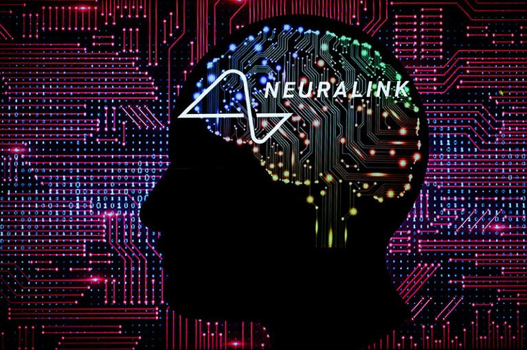 A photo illustration of the Neuralink logo superimposed on a human brain make of electrical circuitry.