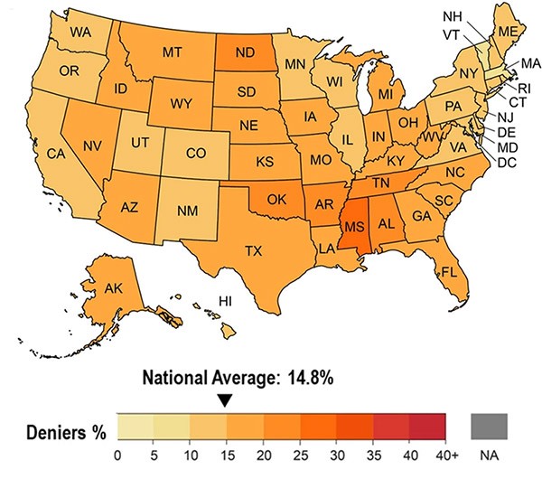 A map of the United states shows climate change denialism by state.