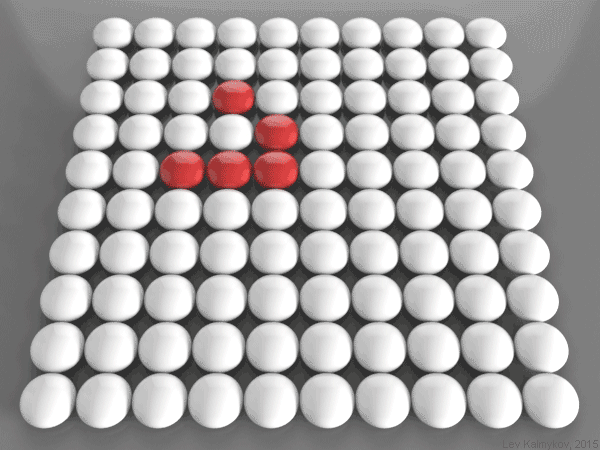 An animated sequence of a 10 by 10 grid of white dots. A pattern of dots that change to red wanders diagonally across the grid.