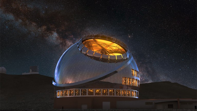 A render of the completed Thirty Meter Telescope at night with its facility lights on.