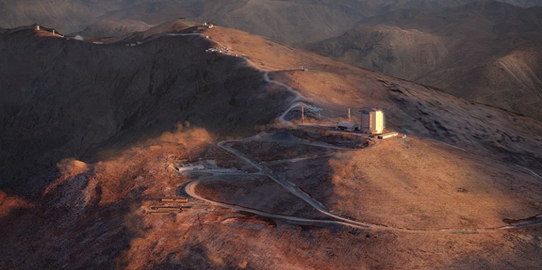 Daytime exterior rendering of the telescope site summit at Las Campanas Peak.