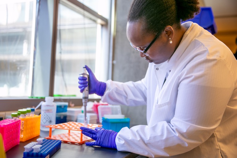 Mireille Kamariza working on an affordable test for tuberculosis in her academic Lab at UCLA.