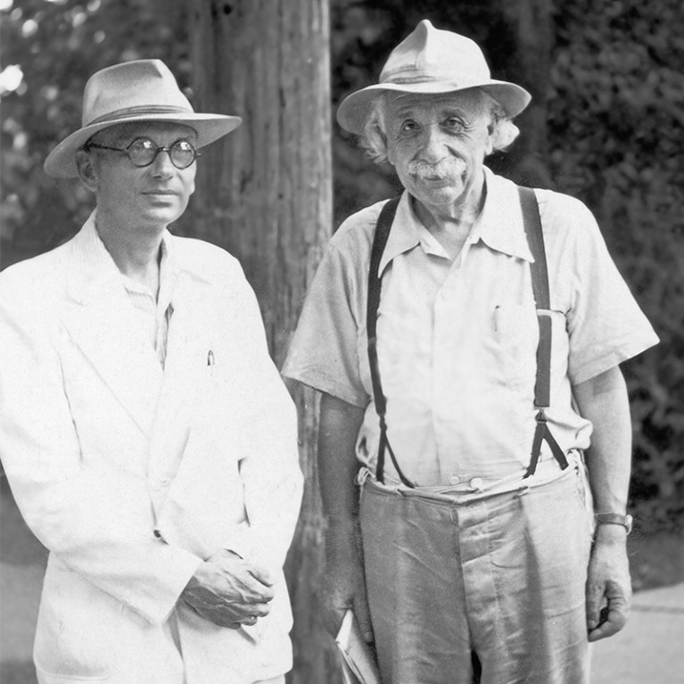 Kurt Goedel and Albert Einstein. Princton. Photography. 1950.