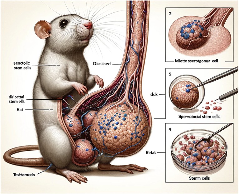 Figure 1 illustration from the retracted paper of an AI-generated rat and spermatogonial stem cells from rat testes.
