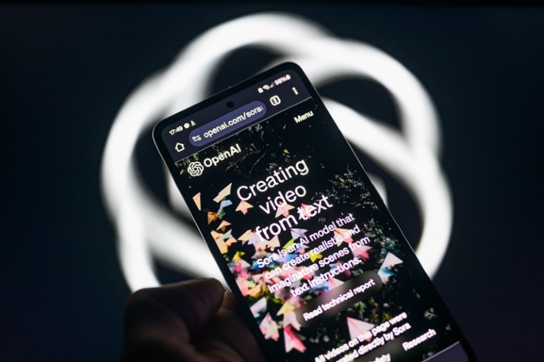The Sora model text-to-video displayed on a smartphone with the OpenAI logo visible in the background.