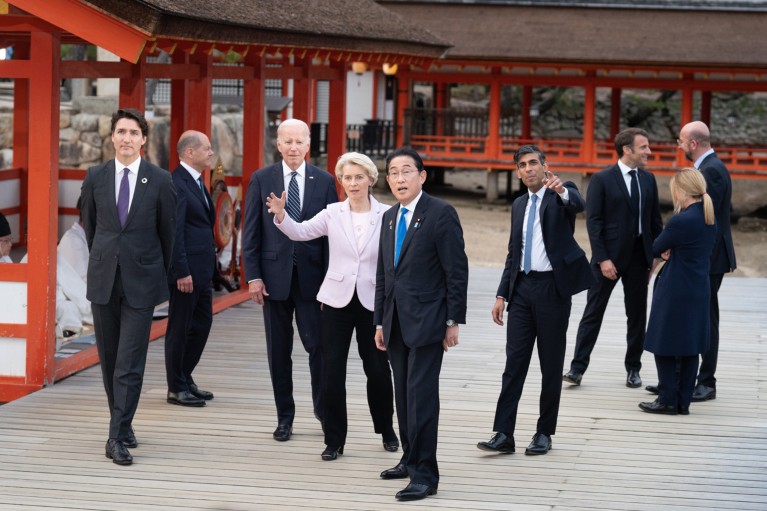 G7 leaders gather for a photo at the Itsukushima Shrine during the G7 Summit in Hiroshima, Japan in 2023