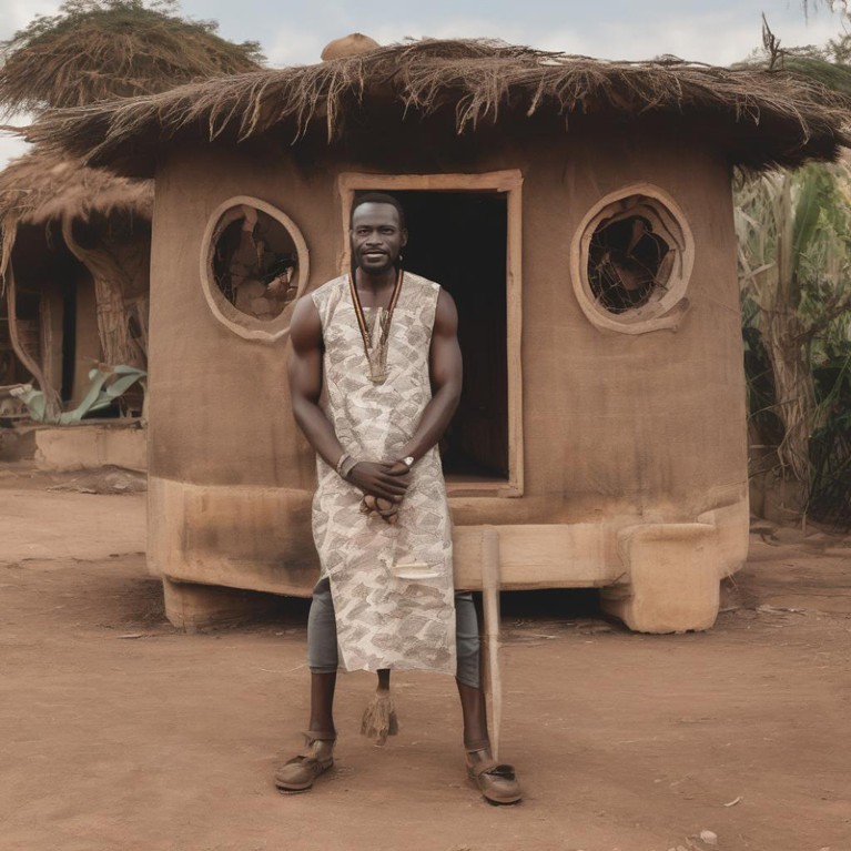 An AI-generated image showing a Black man in a long tunic with a disconnected leg standing in front of a small mud hut with a grass roof