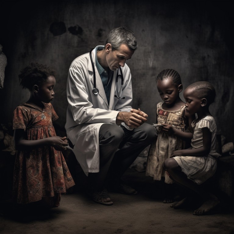 An AI-generated image in a photo-realistic style showing a white man in a white doctor's coat sitting beside three Black children