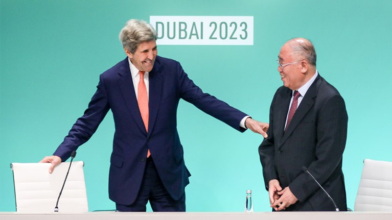 John Kerry, U.S. Special Presidential Envoy for Climate, and his Chinese counterpart Xie Zhenhua at the UNFCCC COP28 Climate Conference in Dubai.