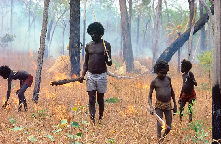 O ancião aborígine George Milpurrurr mostra a seus filhos como fazer uma fogueira controlada para queimar grama seca perigosa.