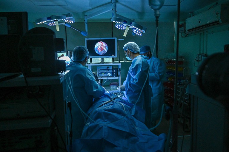 Two people wearing surgical gowns, face masks, and hair coverings, stand on either side of a patient (lying down in centre of image), performing surgery