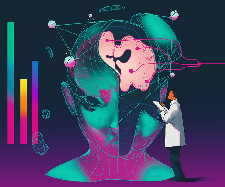At the right of the image an illustrated figure holding clipboard looks at abstract depiction of head with brain visible. Three multicoloured vertical bars to left of image.