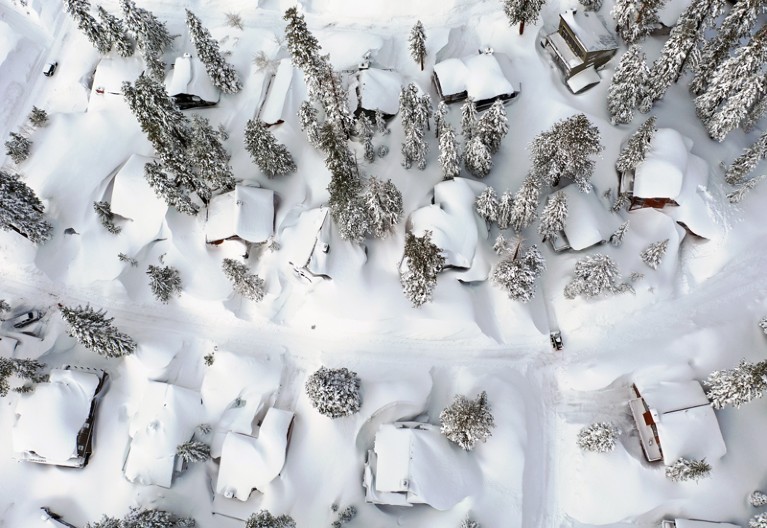 An aerial view of thick snow covering houses and trees