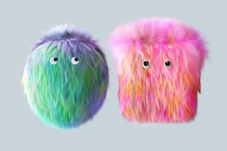 Two cubic and sphere shaped avatars made out of multi-coloured fabric against a grey background.