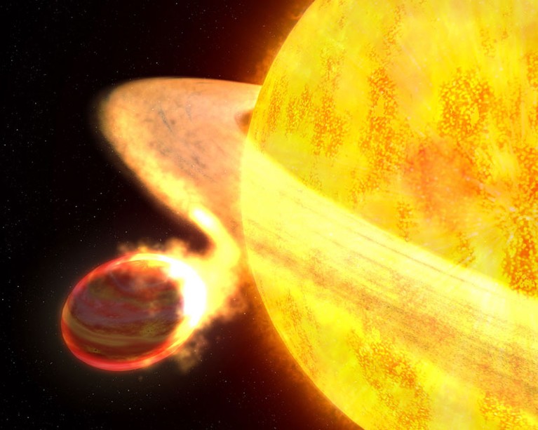 Artist's concept of the exoplanet WASP-12b being consumed by its host star.
