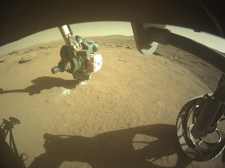 An image from NASA's Mars Perseverance rover taken while it drills for rock samples.