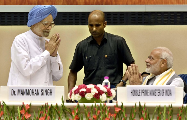 Former prime minister Manmohan Singh and Prime Minister Narendra Modi pictured together during a book launch in New Delhi, India, in 2018.