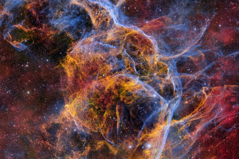 An extremely high-resolution image of a colourful web of wispy filaments belonging to a supernova remnant