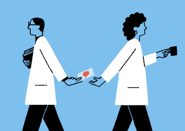 Illustration showing two scientists secretly passing a message with a read speech bubble on it.