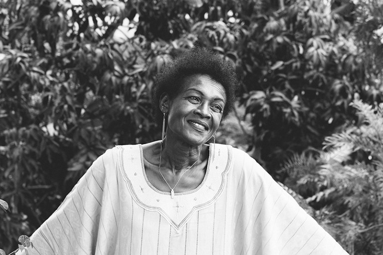 Black and white portrait of Yolande Mukagasana