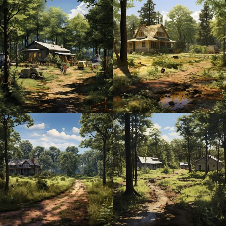 Four different AI generated images based on the same quote from a book describing a scene of a house with a dirt yard in the clearing of a wood