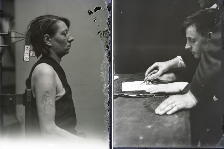 Left: attooed woman by the first name of Marie-Clémentine, 20 February 1934, from the collection of glass plates of the Lyon police laboratory; Right: Guided-hand technique for the identification of handwriting, undated.