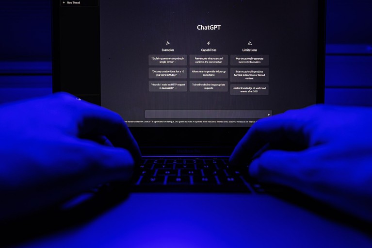 A close up view of ChatGPT displayed on a laptop screen while two hands are poised to type.