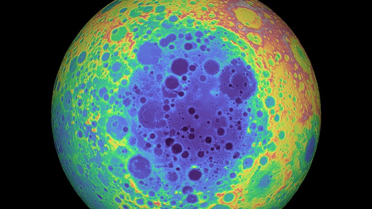 The South Pole-Aitken Basin on the lunar far side. The low center is dark blue and purple. Mountains on its edge, remnants of outer rings, are red and yellow.