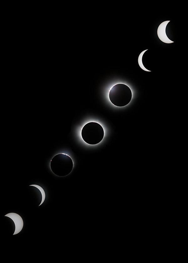 A composite shot of seven images showing the moon’s shadow moving across the sun into a full eclipse.