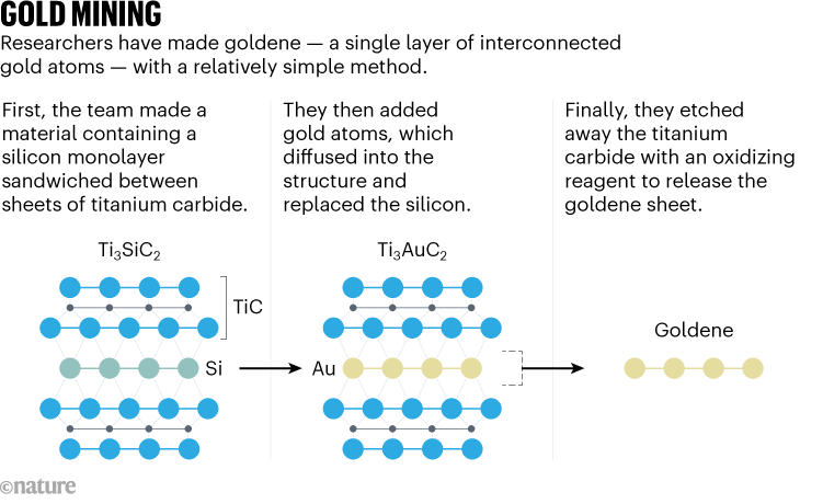 GOLD MINING. Graphic shows the method researchers used to create goldene – a single layer of interconnected gold atoms.