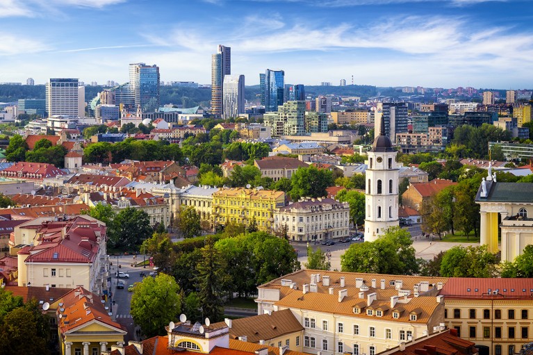 Aerial view of the old town and the modern center of Vilnius, Lithuania.