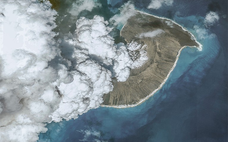 Satellite image of the Hunga Tonga-Hunga Ha'apai volcano on 24 December 2021, before the eruption on 14 January 2022
