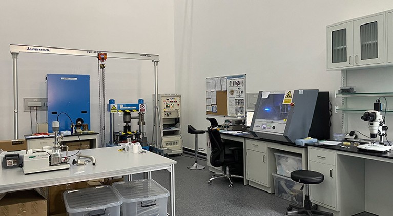 Interior view of the Synergetic Extreme Condition User Facility showing the cubic anvil cell station.