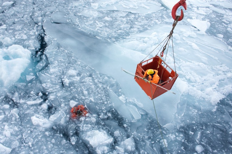 A person holding a pole with a hook leaning out of a orange metal basket that is being lowered by crane towards a broken ice sheet to retrieve equipment below the icy surface