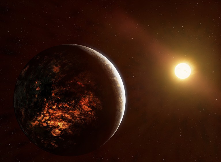 A planet covered with magma, with a star in the background.