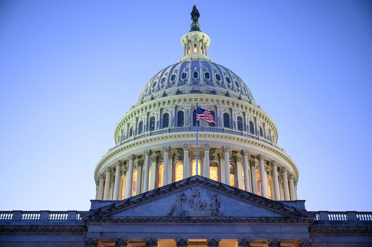 The dome of the US Capitol is seen at dusk in Washington, DC.