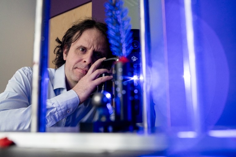 Jan Pisek photographs a Norwegian spruce shoot under a blue light