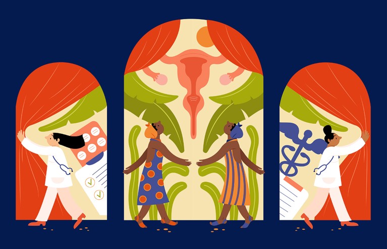 Doctors pull back curtains on either side of illustration. At centre, two women look up at plants and depiction of female reproductive system