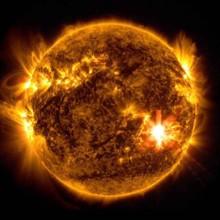 A image captured by NASA’s Solar Dynamics Observatory of the Sun's surface emitting an X3.9 flare.