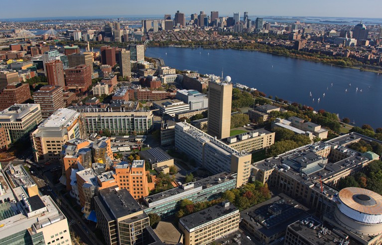 An aerial view of Massachusetts Institute of Technology, in Cambridge, Boston. In the foreground is The Strata Center, designed by architect Frank Gehry.